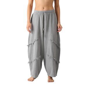 Fringed Wide-Leg Drawstring Pants - Gray